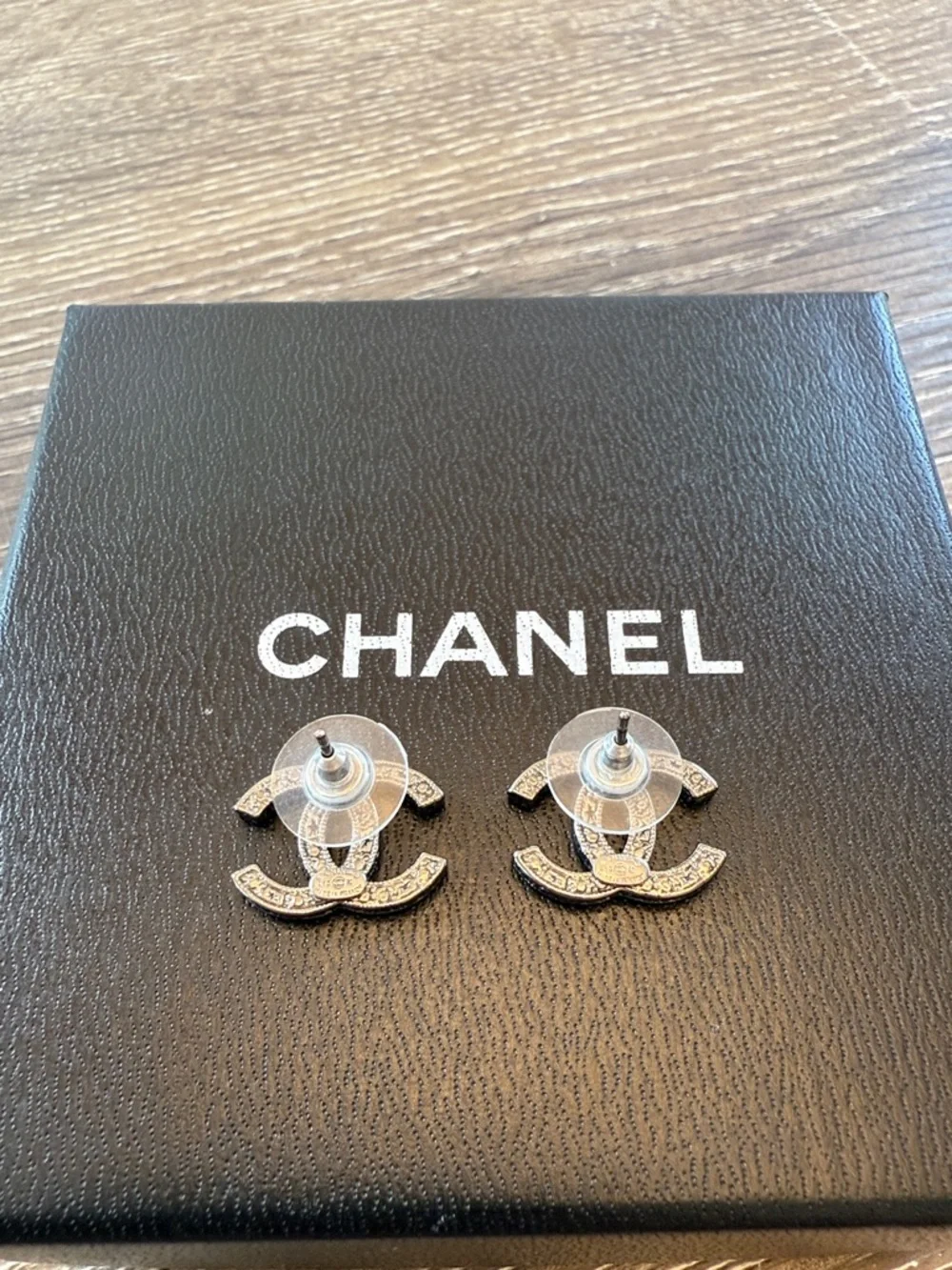 CHANEL CC Stud Earrings Silver Metal Black & Crystal Pre-Fall 2014